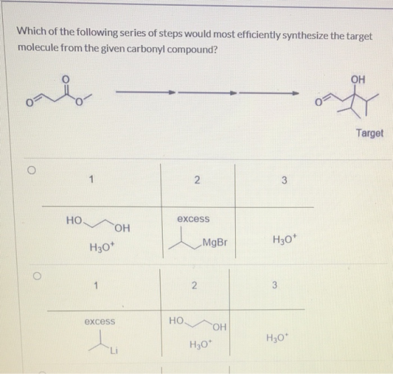 Which of the following series of steps would most efficiently synthesize the target molecule from the given carbonyl compound