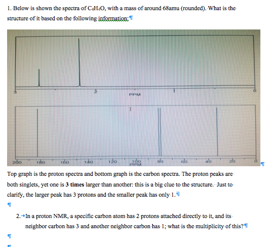 1. Below is shown the spectra of CH40, with a mass of around 68amu (rounded). What is the structure of it based on the follow