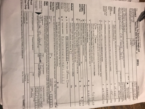 2011 ON 1945 Uncome Tax Return for Single and Joint Filers With No Dependents 1040EZ 5411331 342 hes so curry number Bewure