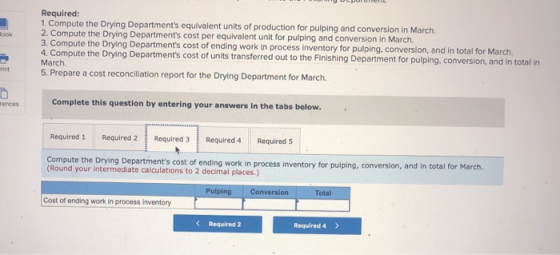 Required: 1. Compute the Drying Departments equivalent units of production for pulping and conversion in March 2. Compute th