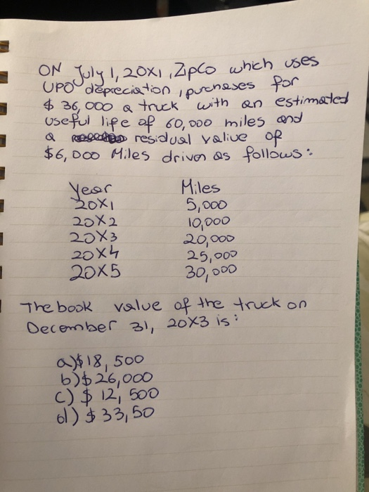 July 1,20x1 Zipco which uses UPO ON OPO for deppeciation n ,pueneses $ 36, 000 a truckwith an estimated Useful life af 60, 0