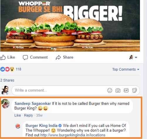 WHOPP-R BURGER SE BH RIGGER! Like Comment Top Comments 2 Shares Write a comment.. Sandeep Sagaonkar If it is not to be called Burger then why named Burger King? Ce 6 Like Reply 35w Burger King India We dont mind if you call us Home Of The Whopper! Wondering why we dont call it a burger? Find out http://www.burgerkingindia in/locations
