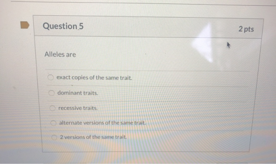 Question 5 2 pts Alleles are exact copies of the same trait. dominant traits. recessive traits. alternate versions of the sam