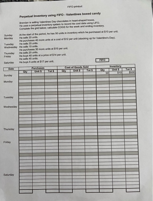 FIFO printout Perpetual Inventory using FIFO - Valentines boxed candy Brendan is selling Valentines Day chocolates in heart-s