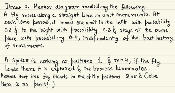 the following A fly Draw a Markov diagram modelling moves along a straight line in unit increments. At each time period, it m