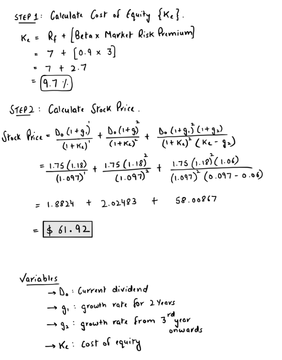 STEP 1: Calculate Cost of Equity {Ke} Ke = Rp + [Beta x Market Risk Premium) = 7+ (0.9 x 3] = 7+ 2.7 = 9.7.1. STEP2 : Calcula