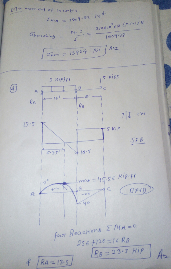 (eJ moment of ineti 4- 18o9.33 2 KiPIF Ras Re 13-S SFD ve 2S611201 RB R 23. Kip I RA 13-S