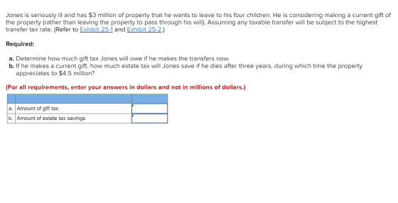 Jones is seriously ill and has $3 million of property that he wants to leave to his four children. He is considering making a current gift of the property (rather than leaving the property to pass through his will). Assuming any taxable transfer will be subject to the highest transfer tax rate. (Refer to Exhibit 25-1 and Exhibit 25-2.) Required: a. Determine how much gift tax Jones will owe if he makes the transfers now b. If he makes a current gift, how much estate tax will Jones save if he dies after three years, during which time the property appreciates to $4.5 million? (For all requirements, enter your answers in dollars and not in millions of dollars.) a. Amount of gift tax b. Amount of estate tax savings
