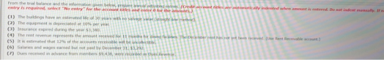From the trial balance and the entry is required, select No entry for the account titles and enter for the amouars.) Credir t titles indented whhen amount is entered. Do not indent masually. If (1) The buildings have an estimated Ife of 30 years with (2) The equipment s depredated at 10% per yea (3) Insurance expired during the year $3,340 (4) The rent revenue represents the amount received for 11 rionths for dining (5) It is estirmeted that 12% of the accounts receivable-ill be uncollett (6) Salaries and wages earned but not paid by December 1$3,292 (7) Dues received in advance from members $9,438, were recorded as 1 (Use Rent Recervable account.)
