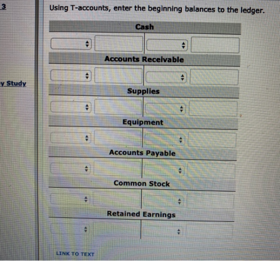 Using T-accounts, enter the beginning balances to the ledger. Accounts Receivable y Study Supplies Equipment Accounts Payable