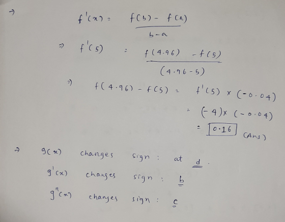 fcasa f(b) - fca) b-a fcs) f 14-96) -f(5) (4.96-5) FC 4.96) - FC5) 2 2) + (5) x (-0.04) (4)x (-0.04) [0.16 cans g(n) change
