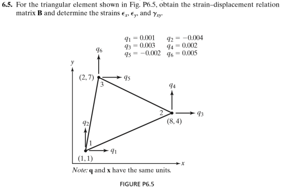 6.5. For the triangular element shown in Fig. P6.5, obtain the strain-displacement relation matrix B and determine the strain