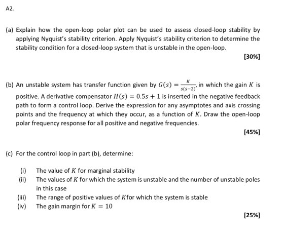 A2. (a) Explain how the open-loop polar plot can be used to assess closed-loop stability by applying Nyquists stability crit