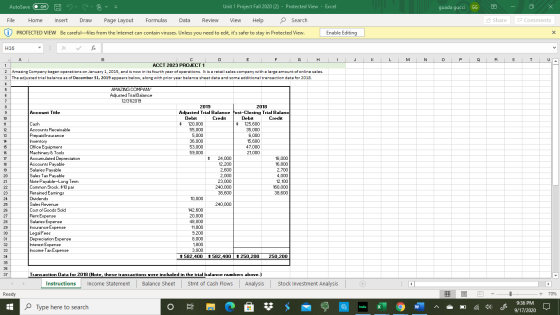 AutoSave Off HD Unit 1 Project Fall 2020 (2) - Protected View - Excel guada gucci GG File Home Insert Draw Page Layout Formul
