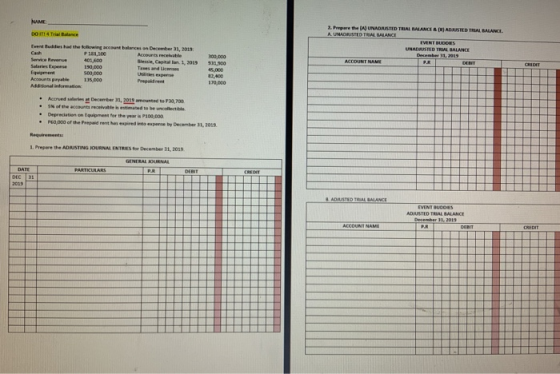 NAME DO IT! 4 Trialace 2. Prepare the UNADRUSTID TRIAL BALANCE ) ARISTED TRIAL BALANCE A UNADRUSTED TAAL BALANCE EVENI BUDOGS