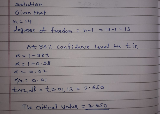 solution Given that n14 degrees at facedom h-1 =14-1 13 At 98.% Contidence level th tis azI-98 =1-0.9& O O2 2/2- 0.01 ty2,dft
