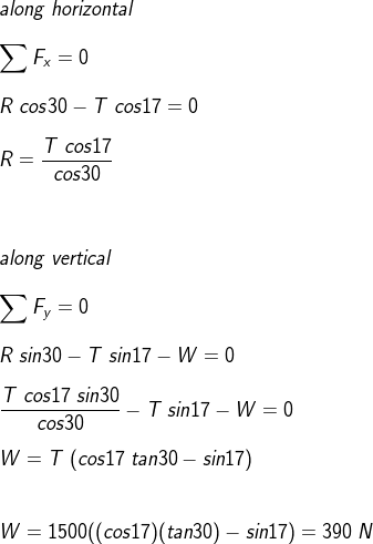along horizontal F-0 R cos30-T cos17 T cos17 cos30 0 along vertical R sin30 T sin17 W 0 cos17 sin30 cos30 W = T (cos17 tan30-sin17) W 1500(cos17) (tan30) sin17) 390 N
