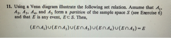 11. Using a Venn diagram illustrate the following set relation. Assume that A A 2, Аз, A4, and As form a partition of the sample space S (see Exercise 6) and that E is any event, EC S. Then,
