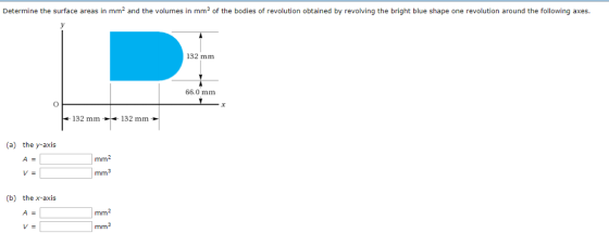 Determine the surface areas in mm2 and the volumes in mm3 of the bodies of revolution obtained by revolving the bright blue shape one revolution around the following axes 132 mm 66.0 mm 4·132 mm 132 mm (a) the y-axis A : (b) the x-axis