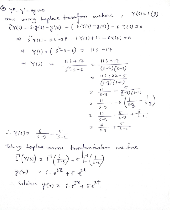 @yu_yl_by zo Now using Laplace tramfom mehere , &(s)=L(*) ŜYU) – 5.yco) - yvo) - ( $.465) -4 (0)) - 6 Y(S) 20 2) Š S)-115-28
