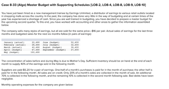 Case 8-33 (Algo) Master Budget with Supporting Schedules (LO8-2, LO8-4, LO8-8, LO8-9, LO8-10] You have just been hired as a n