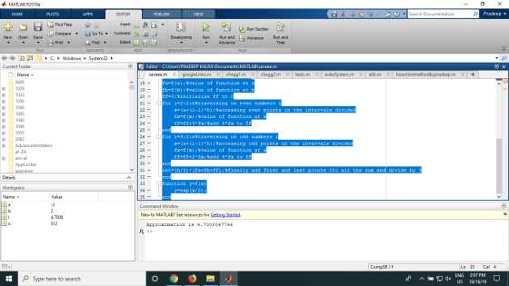MATLAB R2018a X Pradeep EDITOR VIEW Search Documentation НOME PLOTS APPS PUBLISH Find Files fxF Insert Run Section Г Comment