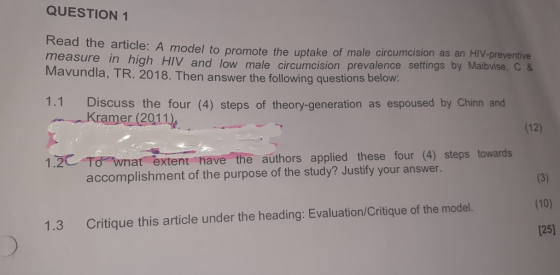 QUESTION 1 Read the article: A model to promote the uptake of cle. A model to promote the uptake of male circumcision as an H