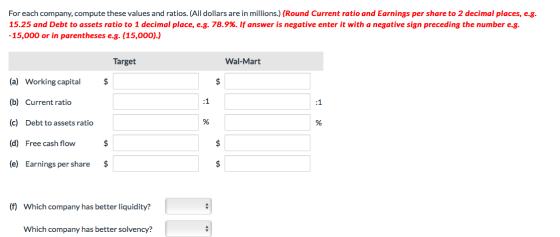 For each company, compute these values and ratios. (All dollars are in millions.) (Round Current ratio and Earnings per share