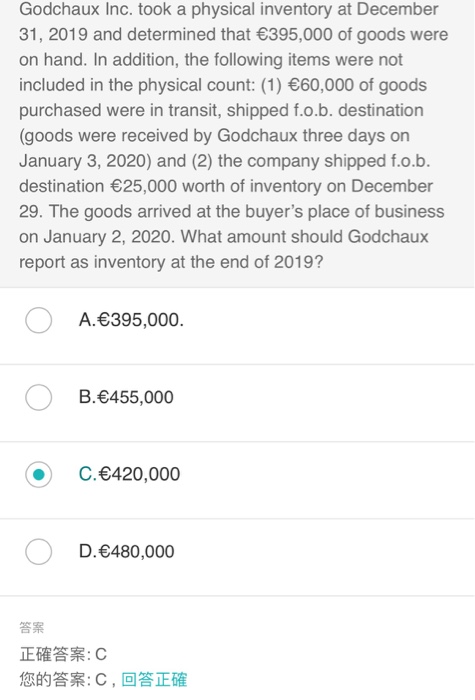 Godchaux Inc. took a physical inventory at December 31, 2019 and determined that €395,000 of goods were on hand. In addition,