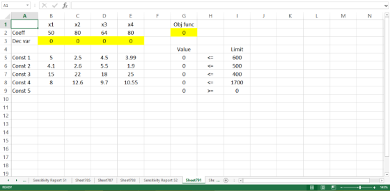 X3 64 Obj func 0 X2 2 Coeff 3 Dec var 4 5 Const 1 6 Const 2 7 Const 3 8 Const 4 9 Const 5 10 50 80 80 Value 0 0 Limit 2.5 3.9