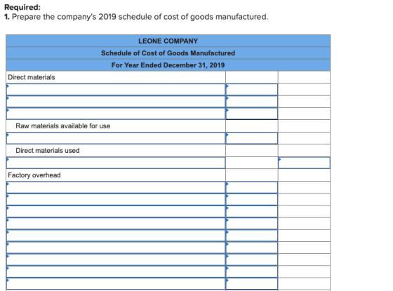 Required: 1. Prepare the companys 2019 schedule of cost of goods manufactured. LEONE COMPANY Schedule of Cost of Goods Manuf