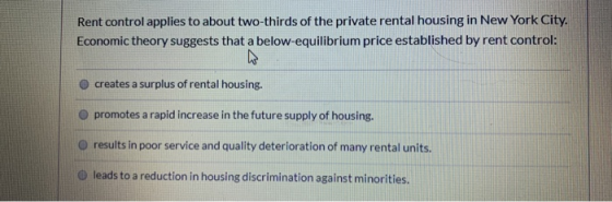 Rent control applies to about two-thirds of the private rental housing in New York City. Economic theory suggests that a belo