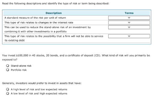 Read the following descriptions and identify the type of risk or term being described: Description Terms A standard measure of the risk per unit of return This type of risk relates to changes in the interest rate This can be used to reduce the stand-alone risk of an investment by combining it with other investments in a portfolio This type of risk relates to the possibility that a firm will not be able to service its existing debt You invest $100,000 in 40 stocks, 20 bonds, and a certificate of deposit (CD). What kind of risk will you primarily be exposed to? Stand-alone risk O Portfolio risk Generally, investors would prefer to invest in assets that have: O A high level of risk and low expected returns O A low level of risk and high expected returns