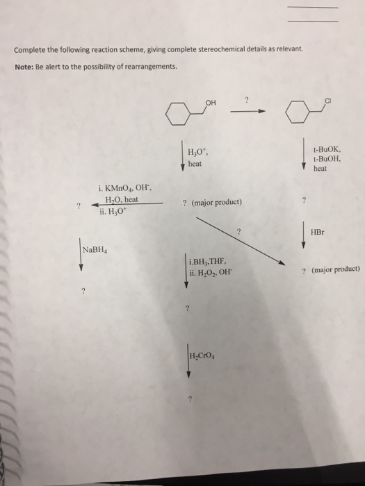 Complete the following reaction scheme, giving complete stereochemical details as relevant. Note: Be alert to the possibility of rearrangements OH t-BuOK, t-BuOH. heat heat i. KMnO4. ОН. 2 120,heat? (major product) ? (major product) + ii. H,0 HBr NaBH4 i.BHy,THF ii. H202. OH ? (major product)