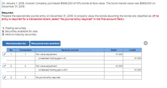 On January 1, 2018, Hoosier Company purchased $948,000 of 10% bonds at face value. The bond market value was $989,000 on Dece