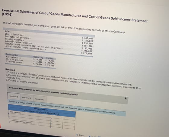 Exercise 3-6 Schedules of Cost of Goods Manufactured and Cost of Goods Sold; Income Statement (LO3-3) The following data from