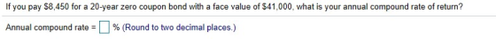 If you pay $8,450 for a 20-year zero coupon bond with a face value of $41,000, what is your annual compound rate of return? A