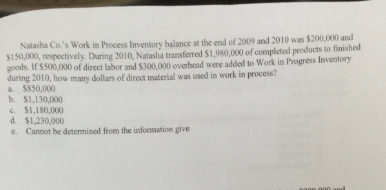 Natasha Co.s Work in Process Inventory balance at the end of 2009 and 2010 was $200,000 and $150,000, respectively. During 2