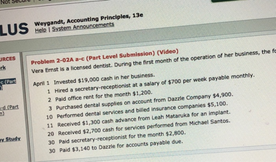 Not Secure Weygandt, Accounting Principles, 13e Help I System Announcements RCES Problem 2-02A a-c (Part Level Submission) (Video) Vera Ernst is a licensed dentist. During the first month of the operation of her business, the fo April 1 Invested $19,000 cash in her business. rk c (Part 1 Hired a secretary-receptionist at a salary of $700 per week payable monthly. 2 Paid office rent for the month $1,200. 3 Purchased dental supplies on account from Dazzle Company $4,900 10 Performed dental services and billed insurance companies $5,100. 11 Received $1,300 cash advance from Leah Mataruka for an implant. 20 Received $2,700 cash for services performed from Michael Santos. 30 Paid secretary-receptionist for the month $2,800. 30 Paid $3,140 to Dazzle for accounts payable due. d (Part n) y Study