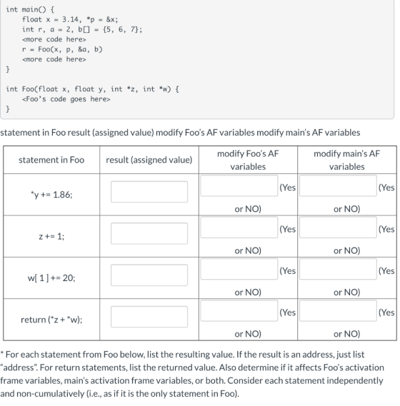int main() { float x = 3.14, *p = &x; int r, a = 2, b[] = {5, 6, 7}; <more code here> r = Foo(x, p, &a, b) <more code here> }