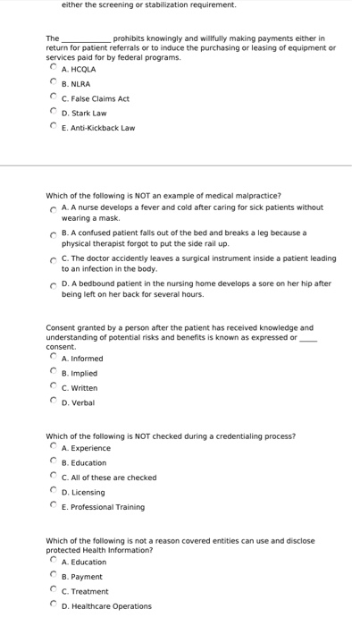 either the screening or stabilization requirement. The return for patient referrals or to induce the purchasing or leasing of