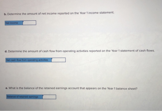b. Determine the amount of net income reported on the Year 1 income statement. Net income d. Determine the amount of cash flo