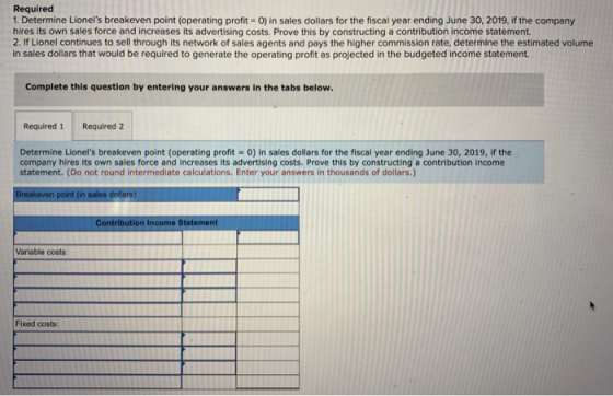 Required 1. Determine Lionels breakeven point (operating profit = 0) in sales dollars for the fiscal year ending June 30, 20
