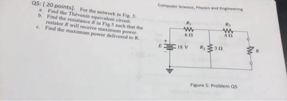 Computer Science, Physics and Engineering Q5: [ 20 points). For the network in Fig. 5: a. Find the Thévenin equivalent circui