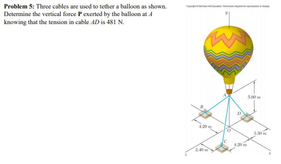 Pemeson uand tor epduction or dsplay CopyghtMoae H Eduation Problem 5: Three cables are used to tether a balloon as shown. De