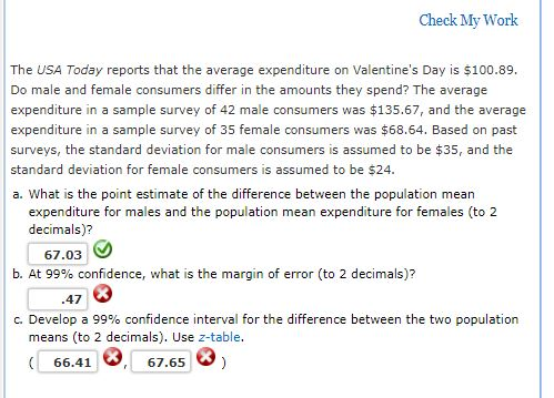Check My Work The USA Today reports that the average expenditure on Valentines Day is $100.89 Do male and female consumers differ in the amounts they spend? The average expenditure in a sample survey of 42 male consumers was $135.67, and the average expenditure in a sample survey of 35 female consumers was $68.64. Based on past surveys, the standard deviation for male consumers is assumed to be $35, and the standard deviation for female consumers is assumed to be $24 a. What is the point estimate of the difference between the population mean expenditure for males and the population mean expenditure for females (to2 decimals)? 67.03 b, At 99% confidence, what is the margin of error (to 2 decimals)? .47 c. Develop a 99% confidence interval for the difference between the two population means (to 2 decimals). Use z-table. 66.41 67.65