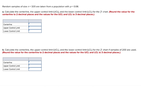 Random samples of size n= 320 are taken from a population with p= 0.08. a. Calculate the centerline, the upper control limit