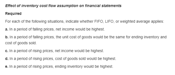 Effect of inventory cost flow assumption on financial statements Required For each of the following situations, indicate whet