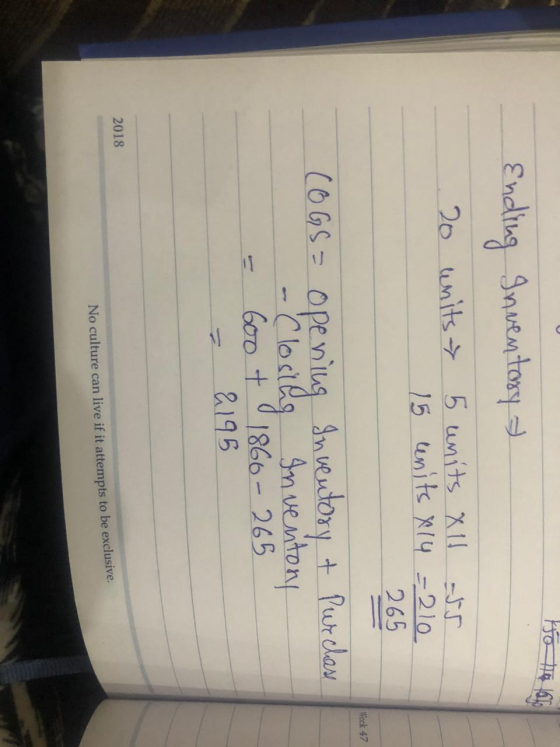 Ending Inventory 20 units 5 units X 11 15 units X 14 =210 265 Week 47 COGS= opening Inventory + Purchase - Closing Inventory