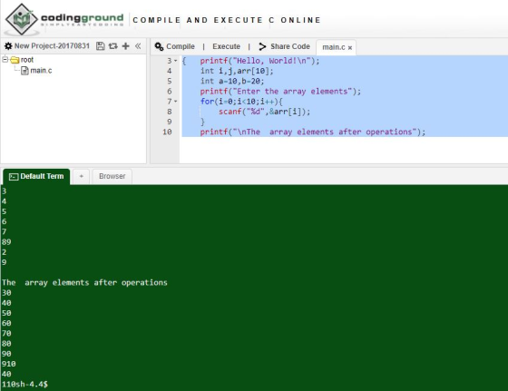 codingground COM PILE AND EXECUTE C ONLINE *New Project-20170831日ロ+《 aroot compile l Execute l > Share Code main.cx printf(H